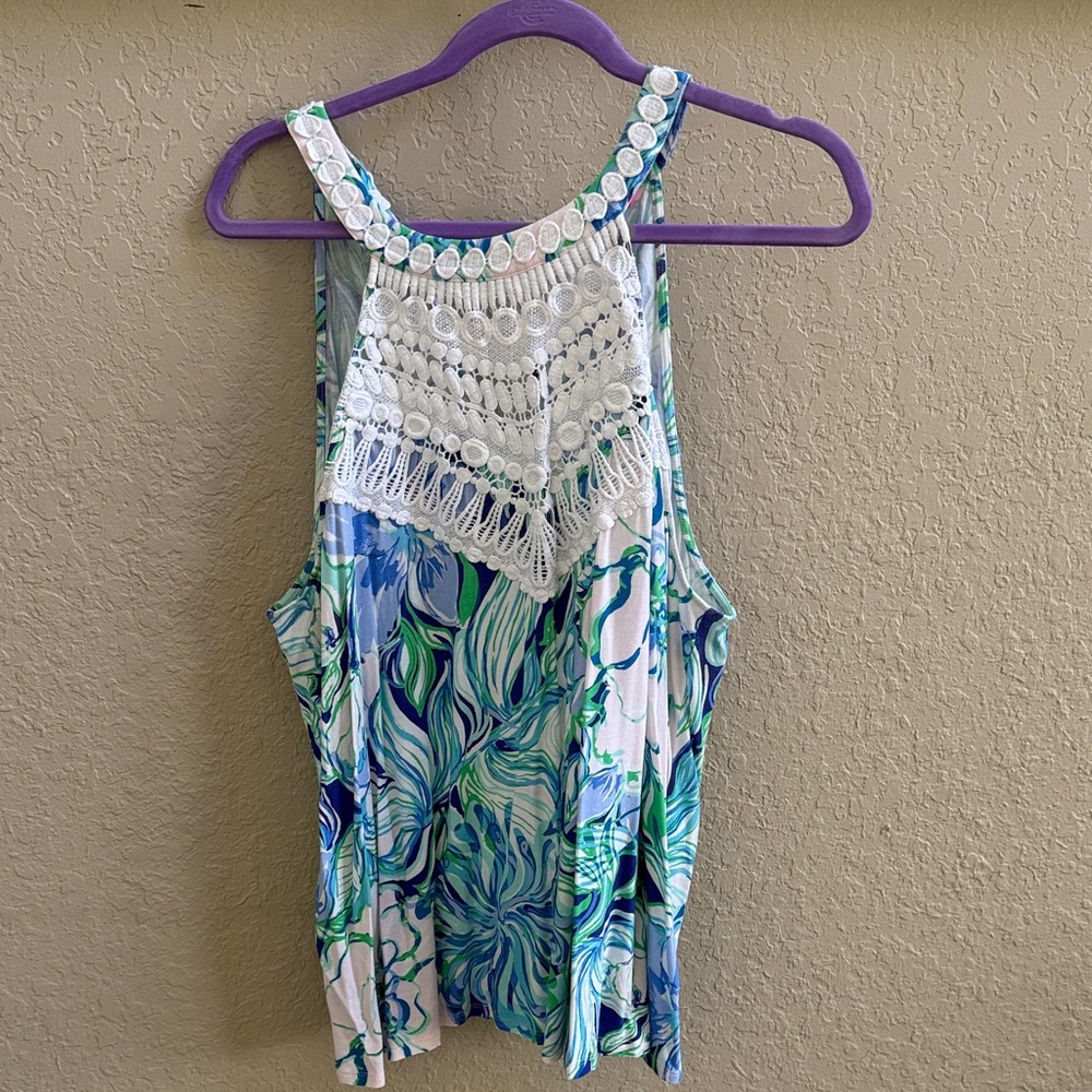 Lilly Pulitzer Blue, Green & White Crochet Yoke Tank Top